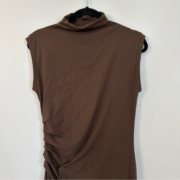 OGL Women’s Mockneck Tucks Midi-Dress Cap Sleeve in Hazelnut Coco Sz L NWT - Picture 3 of 10